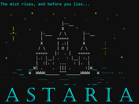 ASCII art of a castle rendered in text characters, with the word ASTARIA below it.